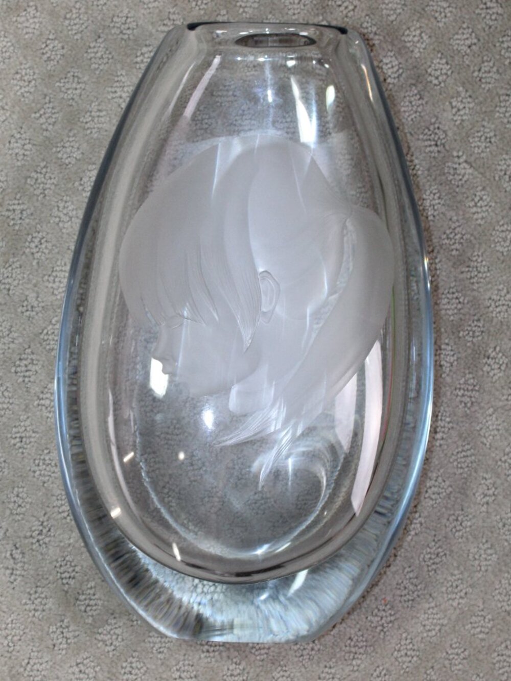Strombergshyttan Massive 13"x8" Etched Glass Vase Of A Young Girl